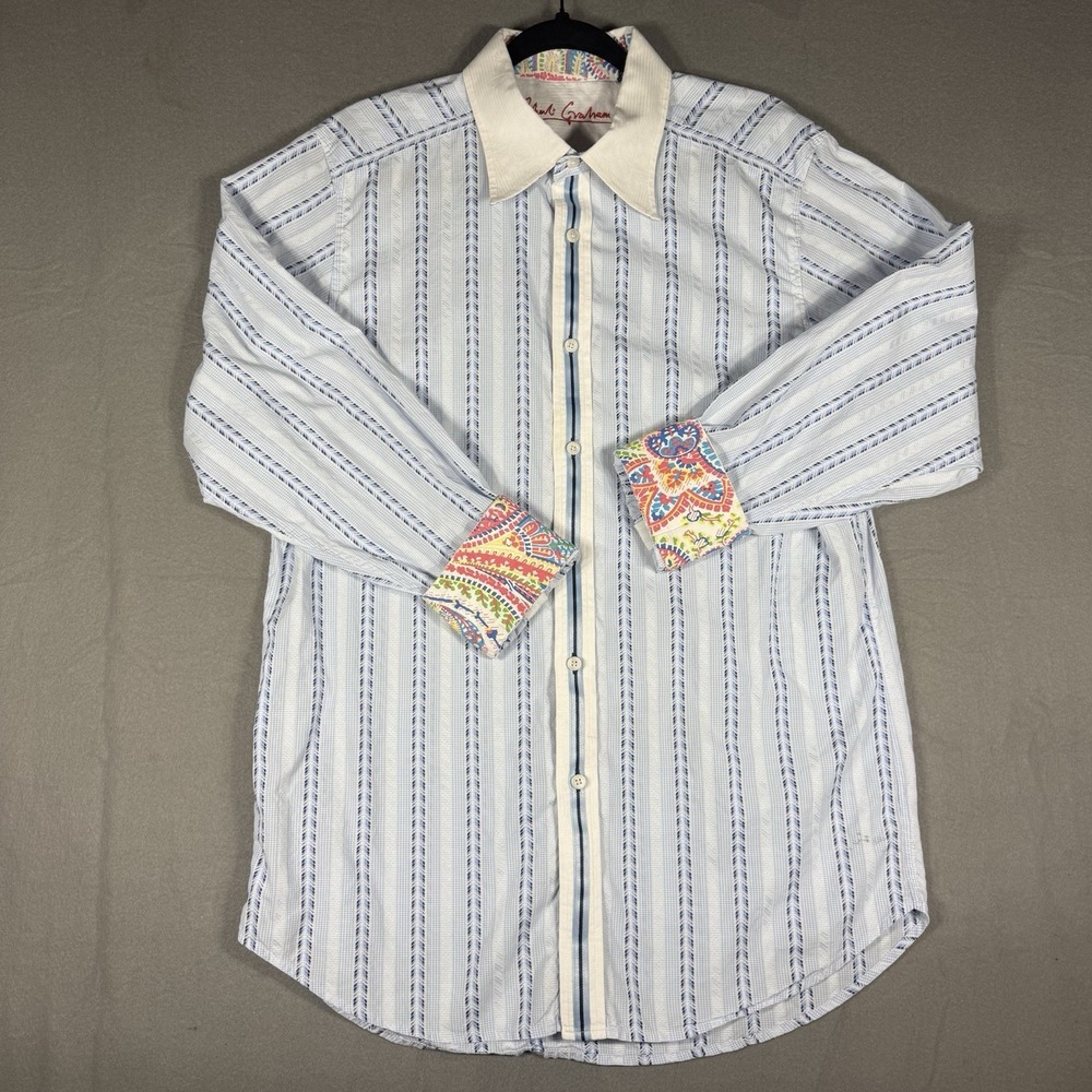Robert Graham Shirt Men's 2XL Classic Fit Blue Stripe Flip Cuff Contrast Collar